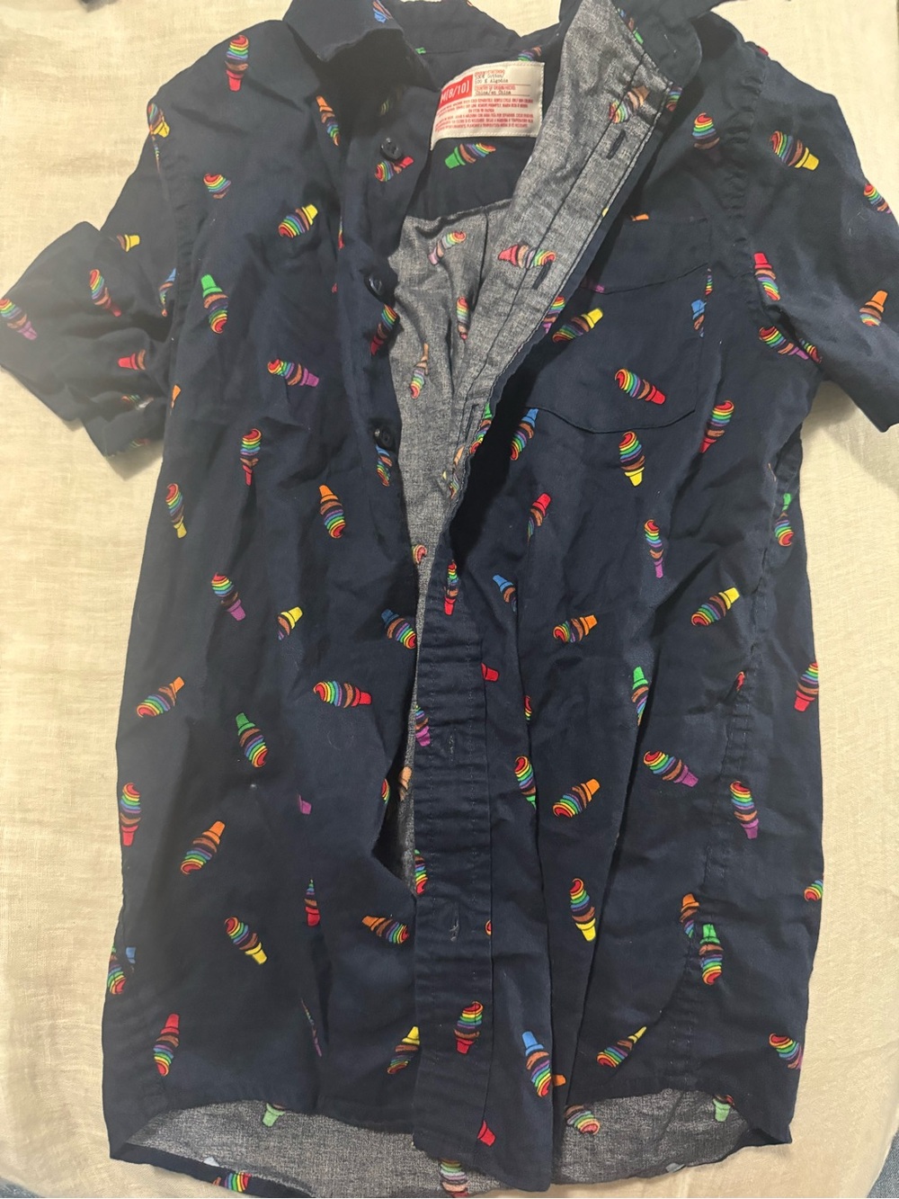 Navy Short Sleeve Button-Up Shirt with Rainbow Ice Cream Cone Print